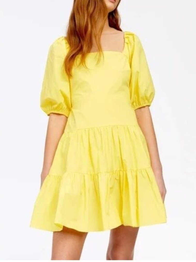 Tanya Taylor Yellow Puff-Sleeve Square-Neck Mini Dress Size 8